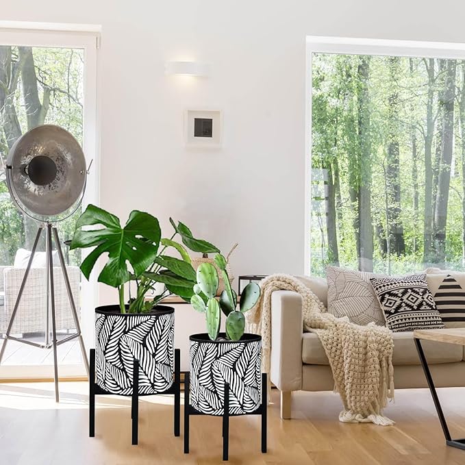 10 & 12 Inches Plant Pot with Stand Set of 2, Decorative Palm Leaves Printing Planter with Holder, Garden Pot for Snake Plant, Monstera, Houseplants - Indoor Outdoor Flower Pots with Drainage Holes-Ruum Studio Home