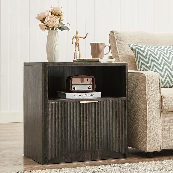 Fluted Nightstand, Dark Grey Bedside Table with Drawer and Storage, Wood End Table Mid Century Modern, Large Night Stand for Bedroom-Ruum Studio Home