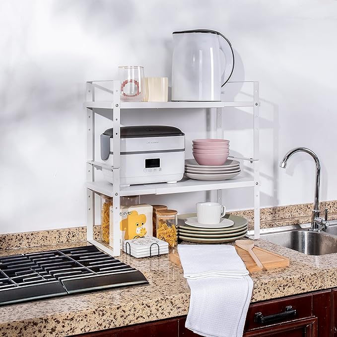 Expandable Cabinet Shelf Organizer Rack, Stackable Kitchen Counter Storage Shelves Stand, Adjustable Height Pantry Shelf Spice Rack (White, 2 Pack)-Ruum Studio Home
