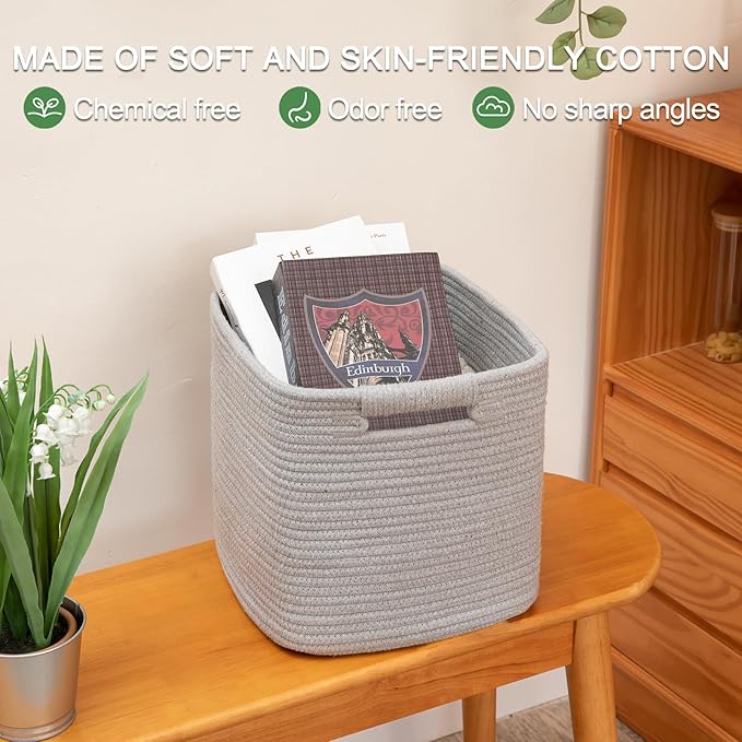OIAHOMY Storage Cubes 11 Inch Bins-3-Pack, Cotton Rope Woven Baskets for Organizing, Square Storage Baskets for Shelves, Classroom, Kids Toy Bins, Closet, Baby Nursery-Grey-Ruum Studio Home
