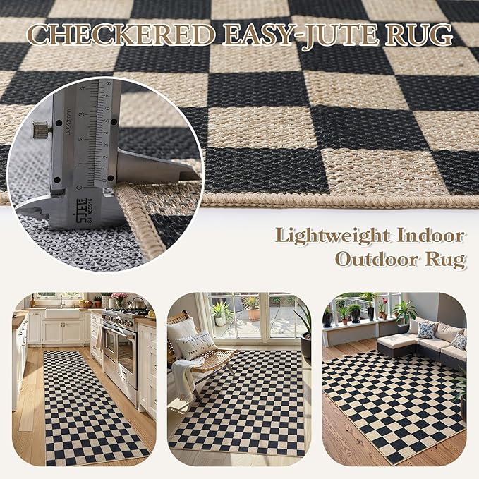 Lahome Checkered Easy Jute Outdoor Rug, 5x7 Farmhouse Rugs for Living Dining Room, Washable Non Slip Non Shedding Floor Carpet for Sunroom Mudroom Backyard Deck-Ruum Studio Home