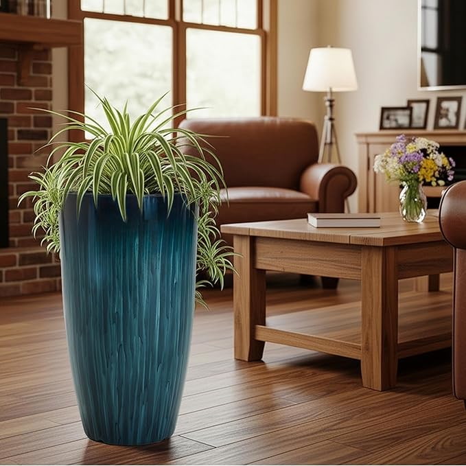 KOL 2-Pack 23.5" Plastic Planters, Gradient Blue Glossy Large Tall Plant Pots, Lightweight Decorative Flower Containers with Drainage Hole & Dual-Purpose Saucer – Indoor & Outdoor Use Front Porch-Ruum Studio Home