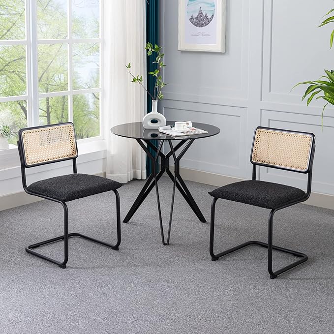 Mid Century Modern Rattan Dining Chairs Set of 4, Boucle Kitchen Chairs with Handwoven Mesh Rattan Backrest and Metal Legs, Upholstered Accent Side Chairs, Black-Ruum Studio Home