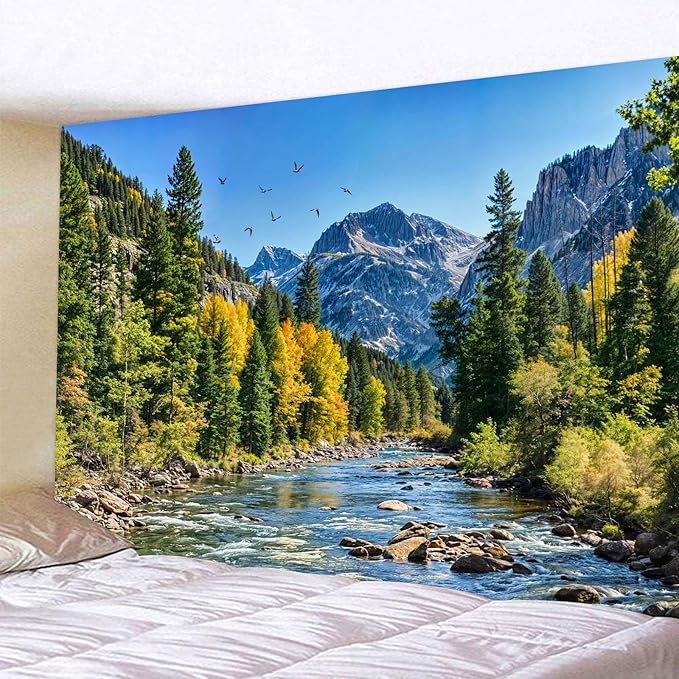 AMM Nature Forest Mountain Tapestry Green Pine Tree Tapestry for Bedroom Aesthetic Flowing River Landscape Tapestries Wall Hanging Bird Decor for Living Room Classroom Dorm Office-Ruum Studio Home