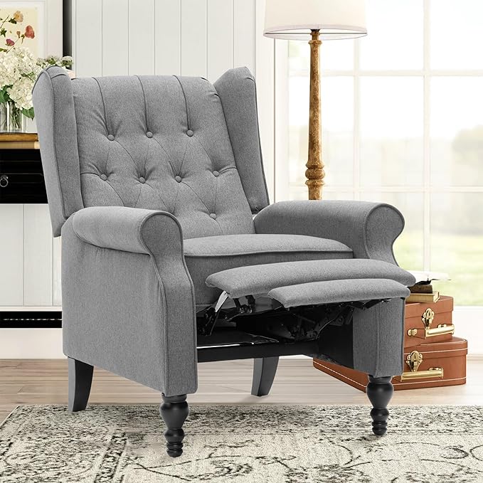 Mid Century Wingback Recliner Chair for Adults, Modern Linen Fabric Push Back Recliner Chairs with Button Tufted Upholstered Back & Footrest, Manual Recliner Chais for Living Room, Nursery, Gray-Ruum Studio Home