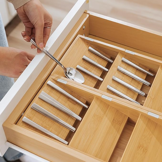 Premium Cutlery, Flatware, and Silverware Drawer Organizer – Slanted 3-Compartment Design with Labeled Slots, Non-Slip Feet, 100% Sustainable Bamboo, 2 Pack-Ruum Studio Home
