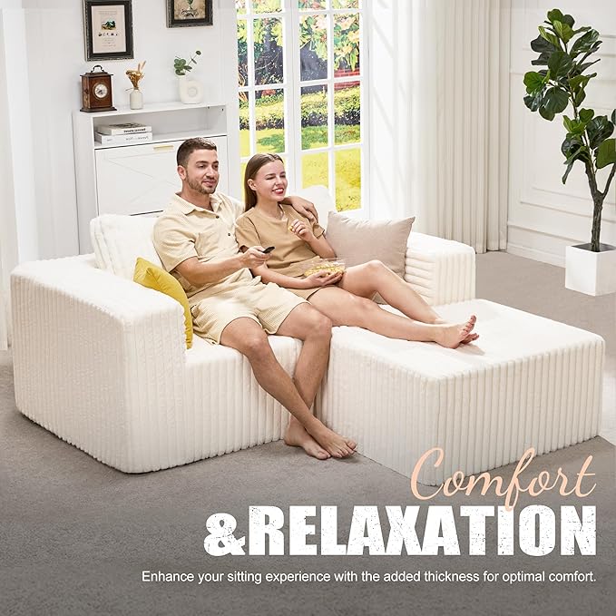 Hobestluk Modular Sectional Sofa Memory Foam Couch L Shape Sofa for Living Room Loveseat with Chaise Lounge Cloud Couch with Removable Cover (Stripe White, Loveseat with Chaise)-Ruum Studio Home