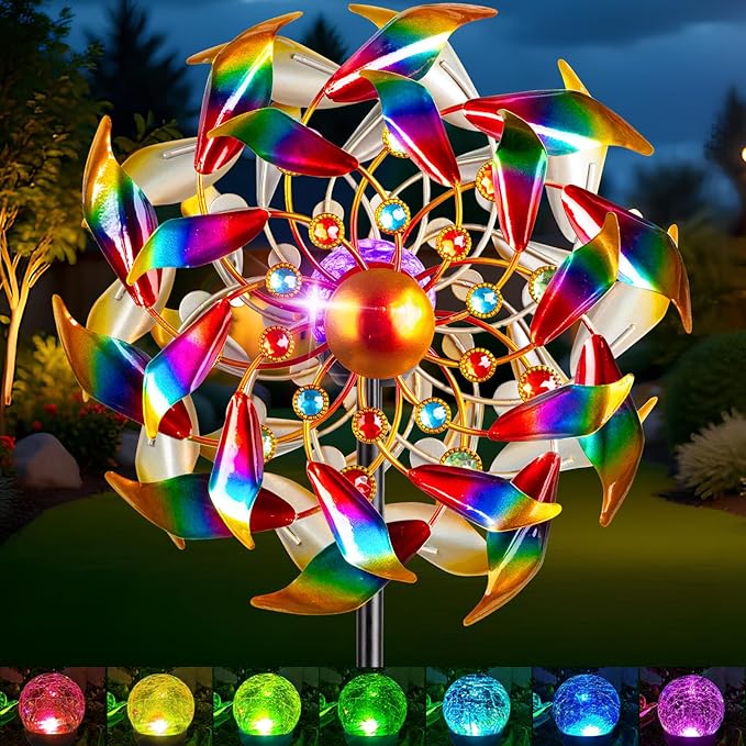 Solar Wind Spinners for Yard and Garden - 360° Metal Large Wind Sculptures Outdoor Clearance Kinetic Windmills with 4 Layer Jeweled Blades for Patio, Lawn Garden Decoration - 54Inch-Ruum Studio Home