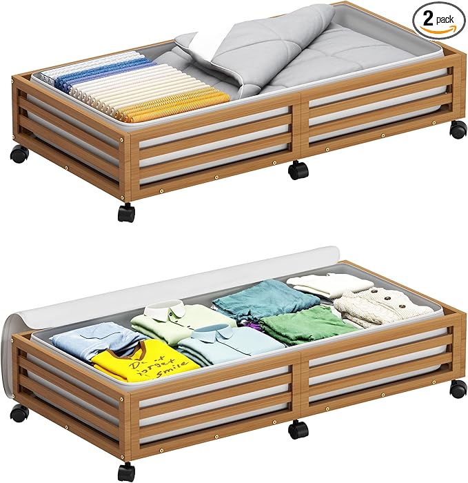 Bamboo Under Bed Storage Containers- Underbed Organizer with Wheels with Large Dust Bag,Sturdy Wood Rolling Under the Bed Shoe Storage Organizer Drawer 2 Packs (Walnut, Long)-Ruum Studio Home