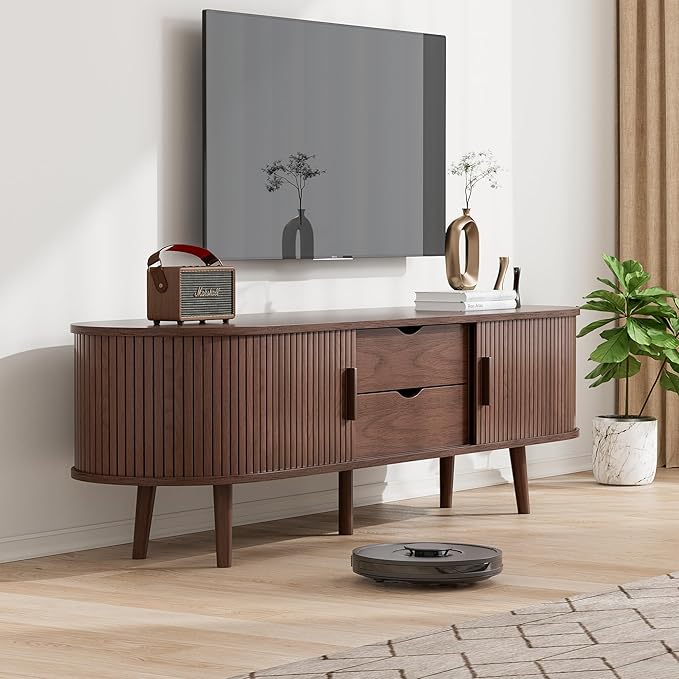 55" Mid Century TV Stand, Fluted TV Stand Fits 32" to 60" TVs. Wood Entertainment Center for Living Room, Farmhouse Modern TV and Media Console Table with Storage, Curved Edge and Sliding Door, Walnut-Ruum Studio Home