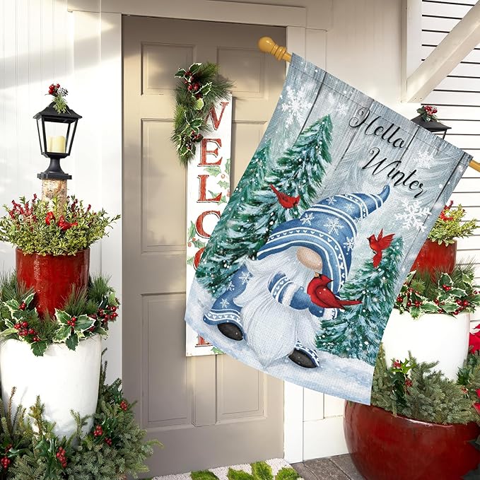 Heyfibro Hello Winter Gnome Garden Flag 28x40 Double Sided Burlap Cardinals Snowflakes Snow Yard Banner for Christmas Seasonal Outside Outdoor House Decoration (ONLY FLAG)-Ruum Studio Home