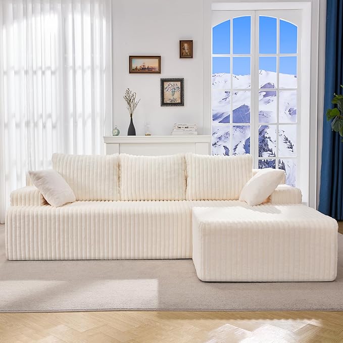 Hobestluk 96“ Modular Sectional Sofa Couches L-Shape Couch 3 Seat Modular Sofa Memory Foam Sectional Couches for Living Room, Cloud Couch with Oversized Chaise (White, Stripe (Right Facing Chaise))-Ruum Studio Home