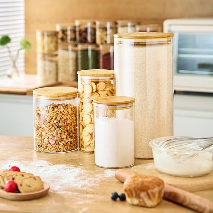 32oz & 21oz - 4 Pack Glass Jars with Bamboo Lids, Glass Pantry Storage Containers with Airtight Lids, Round Air Tigh Food Storage Canisters for Cereal, Pasta, Flour, Sugar, Best for Kitchen Organizer-Ruum Studio Home