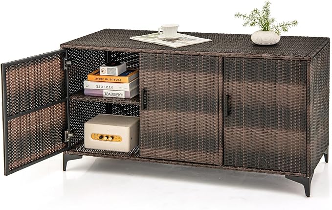 RELAX4LIFE 84-Gallon Outdoor Storage Box - Wicker Rattan 3-Door Patio Storage Cabinet Container w/Removable Shelves for Cushions, Garden Tools, Pool & Sports Equipment, Indoor Outdoor Deck Box (Brown)-Ruum Studio Home