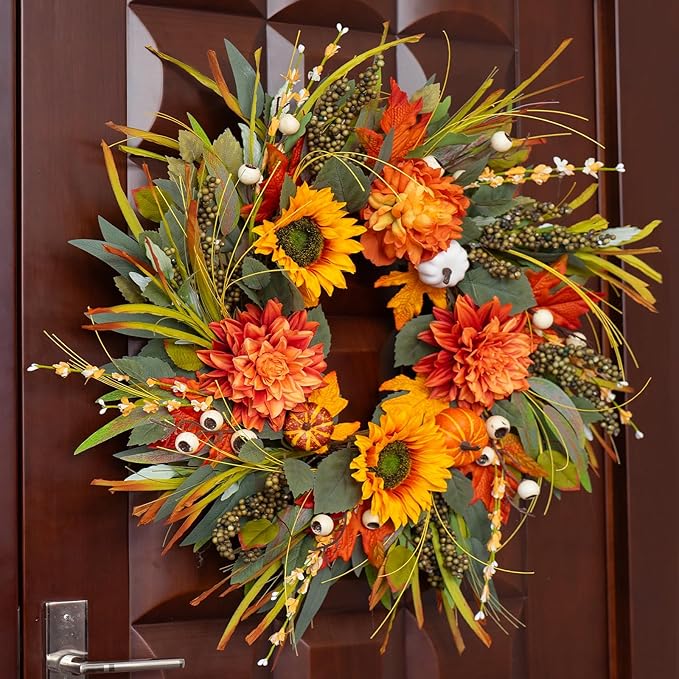 Fall Wreaths for Front Door 24 Inch Fall Wreath with Pumpkins, Sunflowers & Berries – Outdoor Autumn Wreath for Porch, Thanksgiving, Halloween & Harvest Decor-Ruum Studio Home