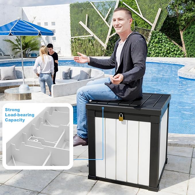 50 Gallon Deck Box Large Outdoor Storage for Patio Furniture,Outdoor Cushions,Garden Tools and Pool Supplies,Waterproof,Resin,Lockable(Black&White)-Ruum Studio Home