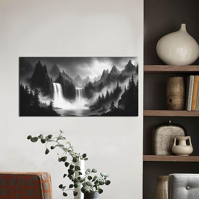 Mountain Wall Pictures for Living Room Decor - Black and White Wall Art Bedroom - Waterfall Canvas Wall Art for Office Size 20" x 40"-Ruum Studio Home