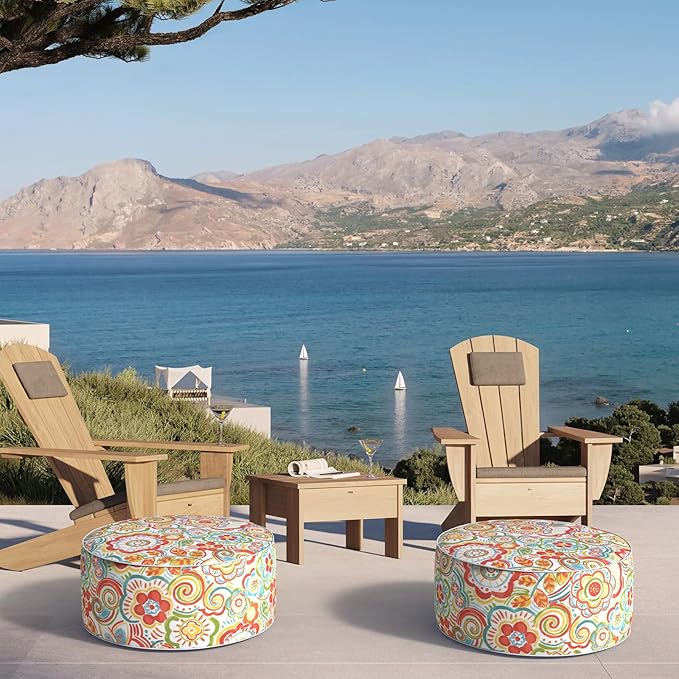 Inflatable Ottoman Stool D21 xH9 for Outdoor/Indoor Use, Water Repellent Patio Foot Rest Stool with Portable Handle,Round Pouf Ottoman Suitable for Garden,Deck and Camping - Flower Red-Ruum Studio Home