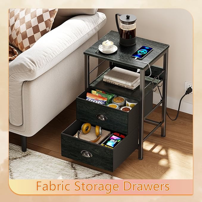 Furologee Nightstand with Charging Station, Black Night Stand with 2 Fabric Drawers, Side Table with USB Ports, End Table with Storage Shelf, for Living Room/Bedroom, Black Oak-Ruum Studio Home