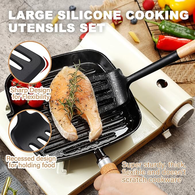QMVESS Silicone Cooking Utensils Set, Kitchen Utensils Set 7 Pcs with Long Wooden Handle, Food Grade and Heat Resistant Large Silicone Spatula Set for Nonstick Cookware, BPA Free（Black）-Ruum Studio Home