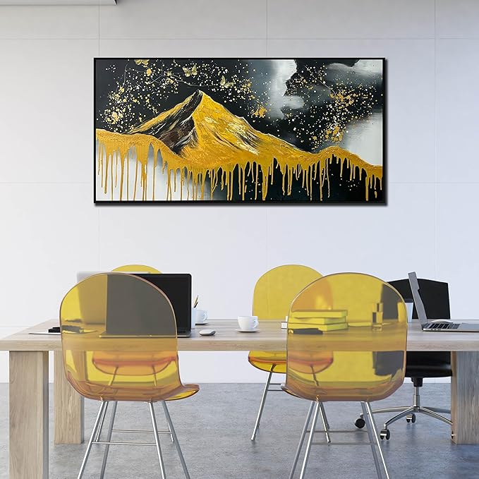 Gold Mountains Painted Wall Art for Living Room - Hand Painted Abstract Wall Art for Office - Black Framed Wall Art for Bedroom Size 29" x 59"-Ruum Studio Home