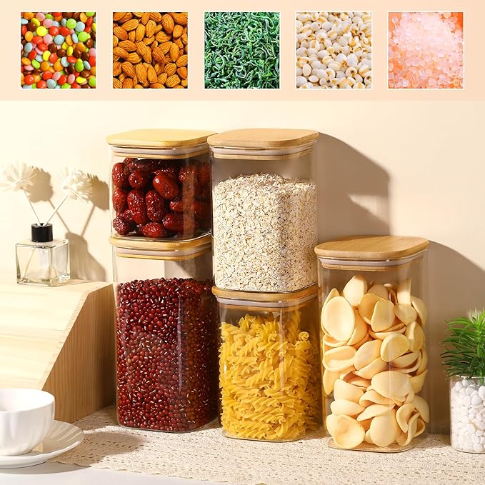 Glass Food Storage Jars with Lids(24oz/37oz/50oz)Square Set of 6 ,Glass Storage Containers Clear Glass Food Canister with Bamboo Lid Airtight For Serving Tea, Coffee Beans, Candy,Spice and More-Ruum Studio Home
