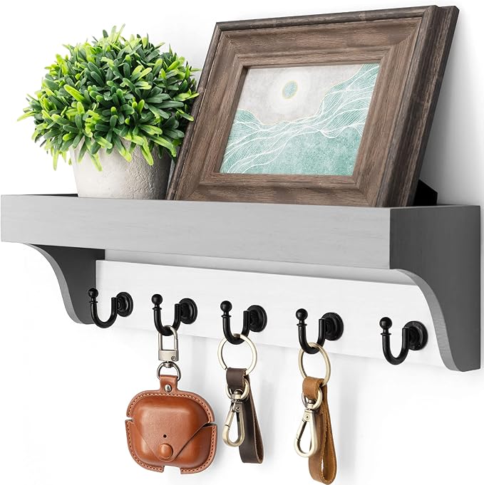 Rebee Vision Key Holder with Mail Organizer Wall Mount - Decorative Home Essentials for Key Rack with 5 Rustic Keys Hooks - Modern House Decor for Entryway (Gray & White)-Ruum Studio Home