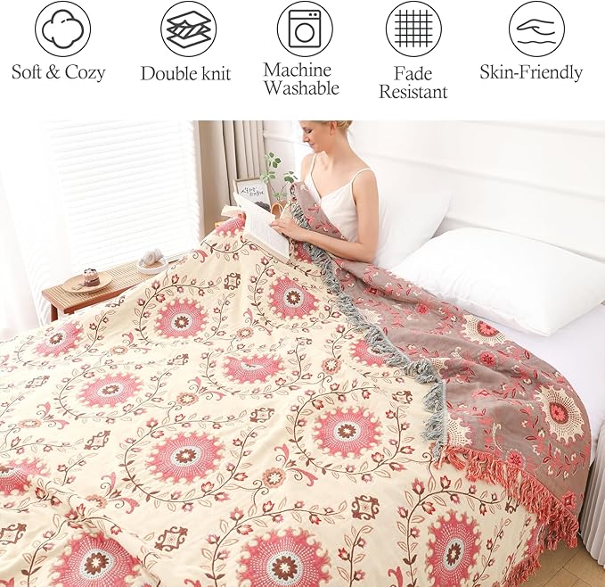 Snycler Boho Throw Blanket for Bed - 100% Cotton Ultra Soft Rustic Quilt - Pink Boho Floral Printed Farmhouse Decor Bed Blankets, 80"×90" All Season Rustic Throw for Sofa Couch Chair-Ruum Studio Home