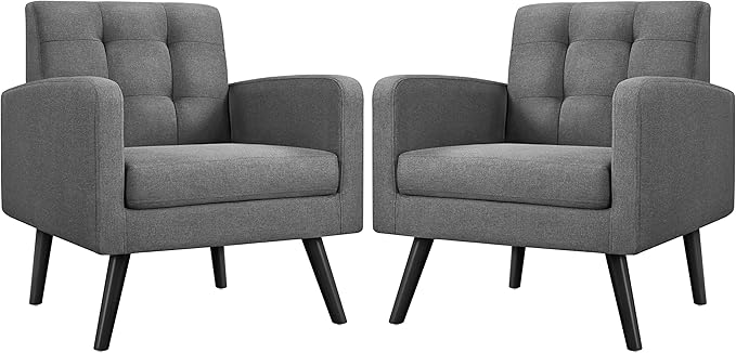 Yaheetech Mid-Century Accent Chairs, Modern Upholstered Living Room Chair, Cozy Armchair Button Tufted Back and Wood Legs for Bedroom/Office/Cafe, Set of 2, Gray-Ruum Studio Home