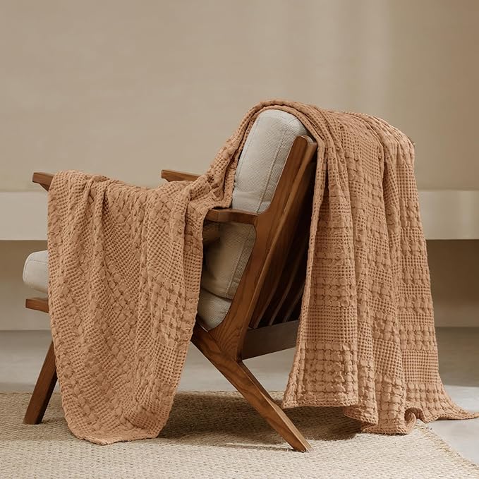 PHF 100% Cotton Waffle Weave Throw Blanket, Soft Lightweight Breathable Cozy Summer Throws for Couch Bed Sofa, Luxury Aesthetic Woven Blanket for Home Decor & Office, 50"x60", Camel-Ruum Studio Home