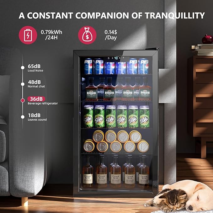 Beverage Refrigerator and Cooler, 126 Can Mini fridge with Plastic Door, Beverage Cooler with Digital Temperature Display & Adjustable Shelves for Soda Beer or Wine, Black-Ruum Studio Home