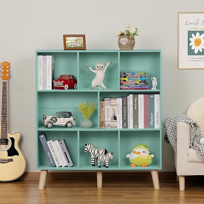 LEYAOYAO 8 Cube Bookshelf 3-Tier Bookcase with Legs, Mint-Green Kids Book Shelf Cute Storage Organizer, Large Open Toy Shelves Modern Bookshelves,Display Bookcases for Bedroom,Living Room,Nursery-Ruum Studio Home