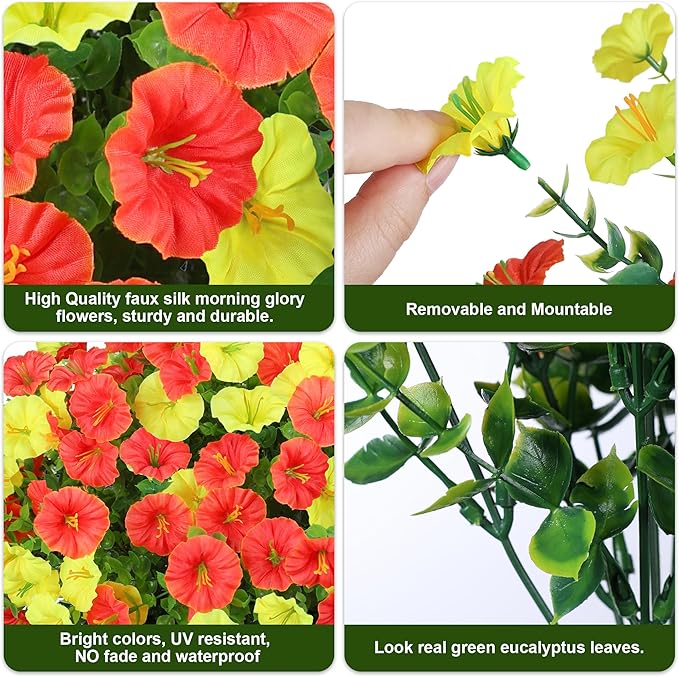 Artificial Mums for Outdoors Fake Fall Flowers Plants for Autumn Decoration, 12 Bundles Silk Morning Glory with Eucalyptus Look Real UV Resistant Faux Mums for Outside Planters Yard Patio Porch, Mix-Ruum Studio Home