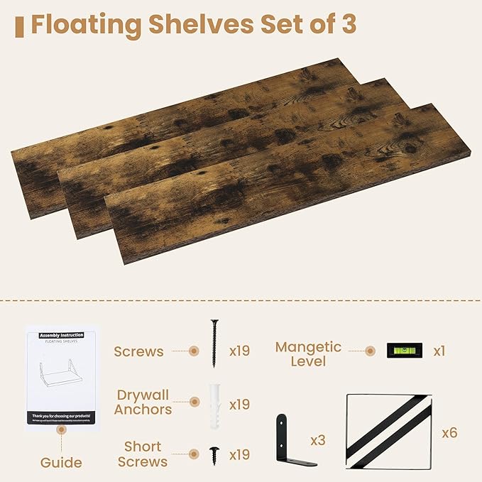 Heimlove 36 Inch Floating Bookshelves Set of 3,Heavy Duty Wall Mounted Bookshelves,Rustic Brown Wall Bookshelf for Living Room,Bedroom,Kitchen,Laundry Room Storage & Decor-Ruum Studio Home