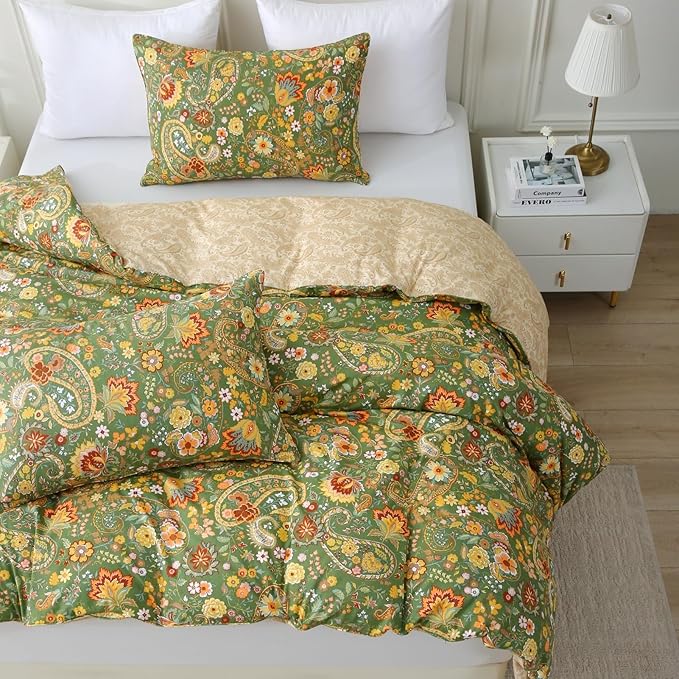 ABREEZE Paisley Bedding Sets 3Pcs Brushed Cotton Duvet Cover Set Queen Size Rustic Damask Green Floral Comforter Cover with Zipper Closure Boho Bedding Collections-Ruum Studio Home