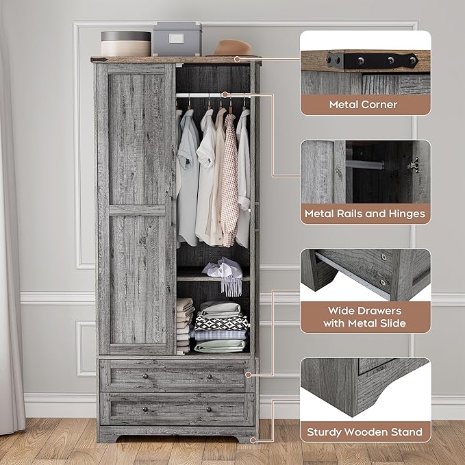 Brafab Armoire Wardrobe Closet with 2 Modern Doors, 71" Tall Freestanding Closet Wardrobe Cabinet with Drawers and Hanging Rail, Light Wooden Storage Cabinet with Shelve for Bedroom (Grey, 4 Doors)-Ruum Studio Home
