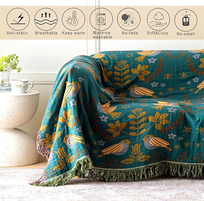 MSGKV Boho Throw Blanket 100% Cotton Blankets for Bed Couch 60''x80'', Soft Summer Blanket Travel Boho Quilt Muslin Blanket Home Decor Farmhouse Warm Throws Gifts for Women Mom-Ruum Studio Home