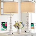 Farmhouse Table Lamps for Bedroom Set of 2, 29.5" Tall Rustic Bedside Lamp with USB Ports and AC Outlet, Vintage Nightstand Table Lamp for Living Room with Linen Drum Shade, White, Pull Chain-Ruum Studio Home