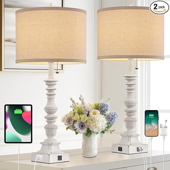 Farmhouse Table Lamps for Bedroom Set of 2, 29.5" Tall Rustic Bedside Lamp with USB Ports and AC Outlet, Vintage Nightstand Table Lamp for Living Room with Linen Drum Shade, White, Pull Chain-Ruum Studio Home