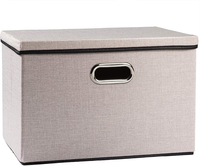 PRANDOM Large Foldable Storage Bin with Lid [1-Pack] Linen Fabric Decorative Storage Box Organizer Container Basket Cube with Handles Divider for Closet Office Living Room Light Grey(17.7x11.8x11.8)-Ruum Studio Home