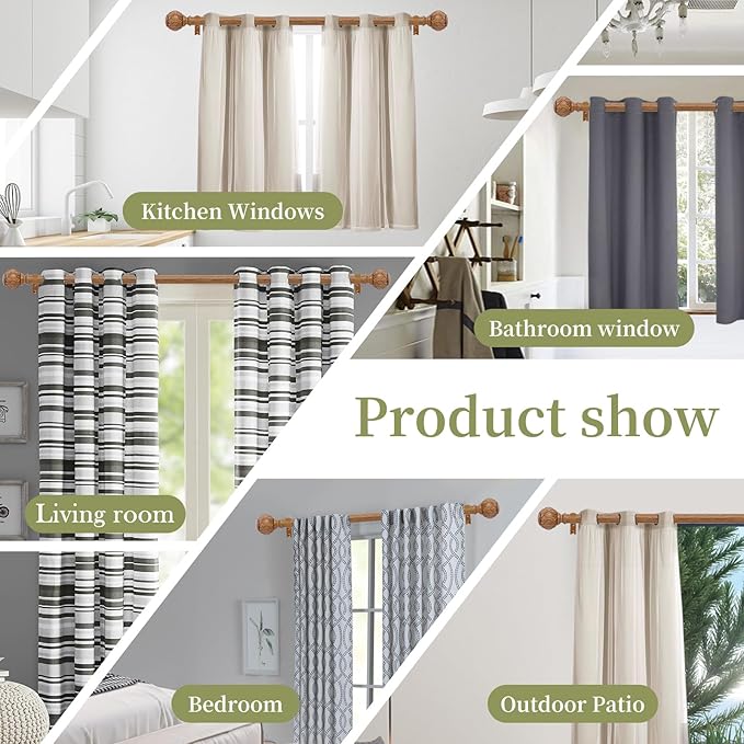 2 Pack Wood Curtain Rods for Windows 48 to 84 Inch(4-7ft),1 Inch Adjustable Curtain Rod,Heavy Duty Curtain Rods,Wooden Netted Texture Drapery Rods,Single Window Curtain Rod 36-88",Brown Wood-Ruum Studio Home