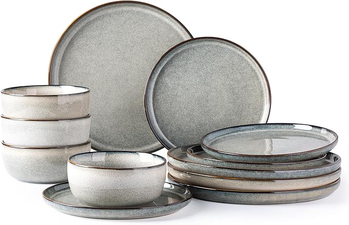 GBHOME Ceramic Dinnerware Sets for 4, 12 Pieces Stoneware Plates and Bowls Sets, Reactive Glaze Dishes -Scratch Resistant, Dishwasher&Microwave Safe, Green Wheat-Ruum Studio Home