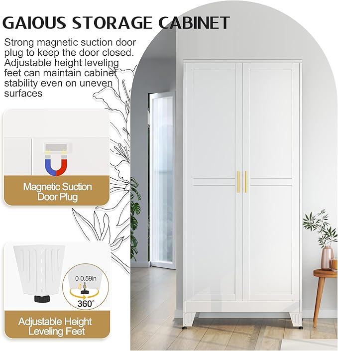 71" Tall Metal Storage Cabinet with 2 Doors and 4 Adjustable Shelves, Kitchen Pantry Cabinet White Freestanding Cupboard, 5 Tier Multifunctional Steel Storage for Office, Kitchen, Dining Room-Ruum Studio Home