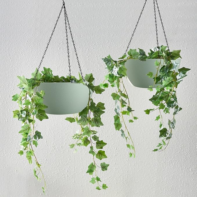 WOUSIWER 13 inch 2 Pack Large Hanging Planters for Indoor Outdoor Plants with Drainage Holes and Chain, Round Hanging Flower Pots for Garden Home Porch Decor, Green-Ruum Studio Home