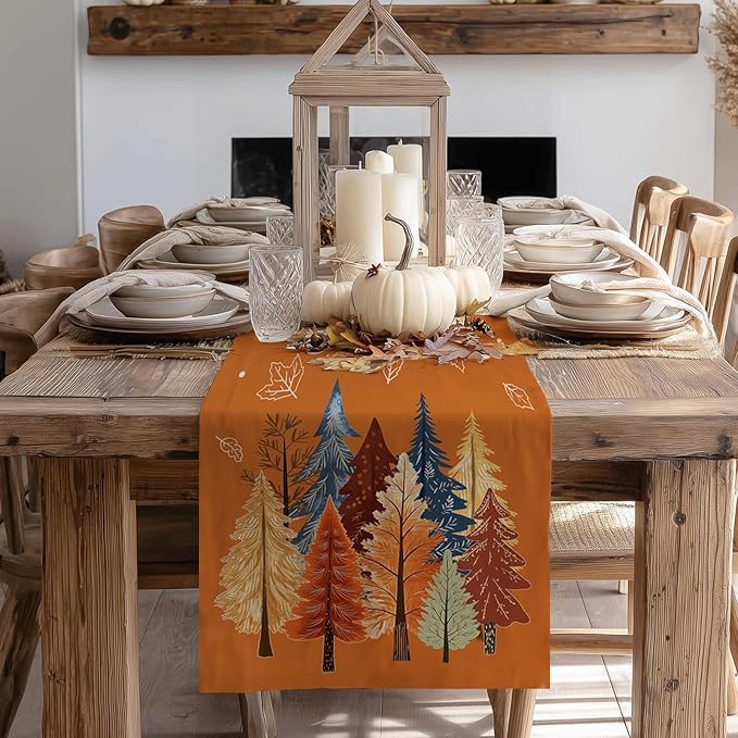 GEEORY Fall Watercolor Trees & Maple Leaves Table Runner 13x90 Inch, Rustic Farmhouse Autumn Thanksgiving Decor for Kitchen, Dining, Indoor/Outdoor Holiday Dinner Party Orange GT158-90-Ruum Studio Home