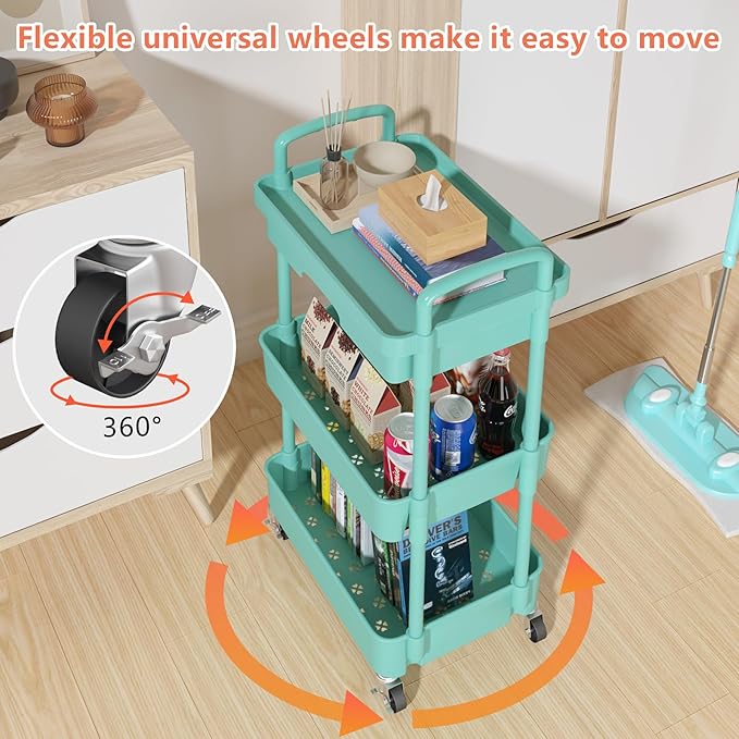 Calmootey 3-Tier Rolling Utility Cart with Drawer,Multifunctional Storage Organizer with Plastic Shelf & Metal Wheel,Storage Cart for Kitchen,Bathroom,Living Room,Office,Green-Ruum Studio Home