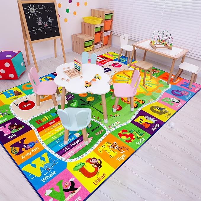 Kids Rugs for Playroom Classroom Bedroom, Educational and Fun Play Mat with ABC Alphabet Animals, Learning Rug for Children Toddler Baby Girls Boys Nursery, Washable, 4x6-Ruum Studio Home