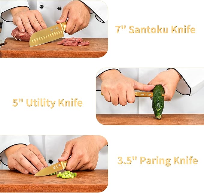 ZHANG XIAO QUAN SINCE 1628 15Pcs Knife Sets with Block, 50Cr15MoV Stainless Steel kitchen knife set with Built-in Sharpener Dishwasher Safe(Golden)-Ruum Studio Home