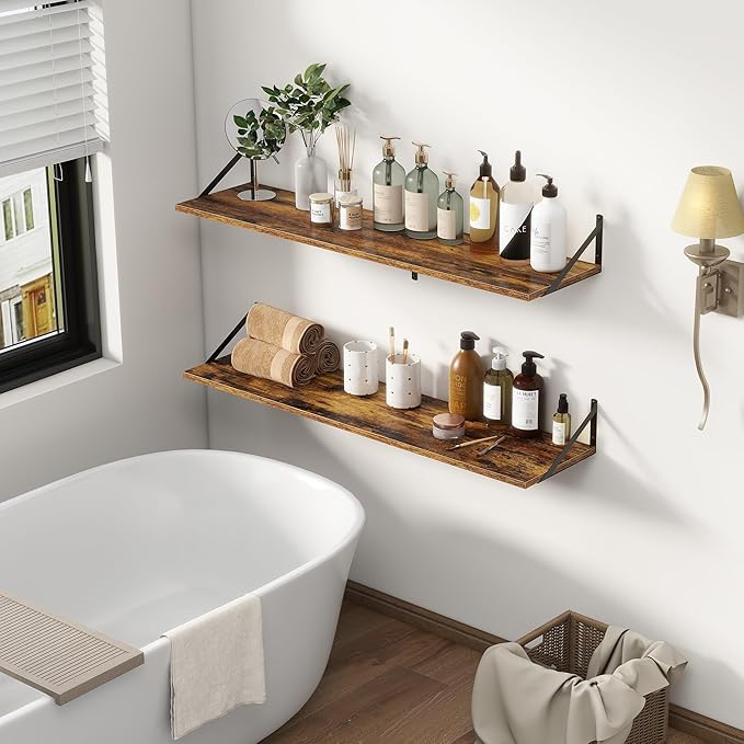 12 Inch Deep Floating Shelves,48W x 12D Floating Shelves, Deep Wall Shelves Bracket Set of 2, Large Display Floating Shelf for Bathroom, Living Room, Wide Storage Wooden Wall Shelf, Rustic Brown-Ruum Studio Home