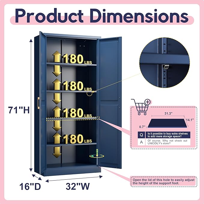 71" Storage Cabinet, Metal Pantry Cabinet, Kitchen Pantry Storage Cabinets with Doors and 4 Shelves, Cabinets for Laundry Room, Living Room, Dinning Room, Assembly Required, Blue-Ruum Studio Home